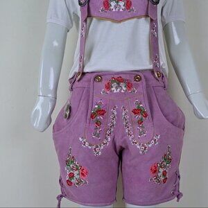Oktoberfest Women Lederhosen Rose Pink Bavarian Leather Suede Lederhosen NEW